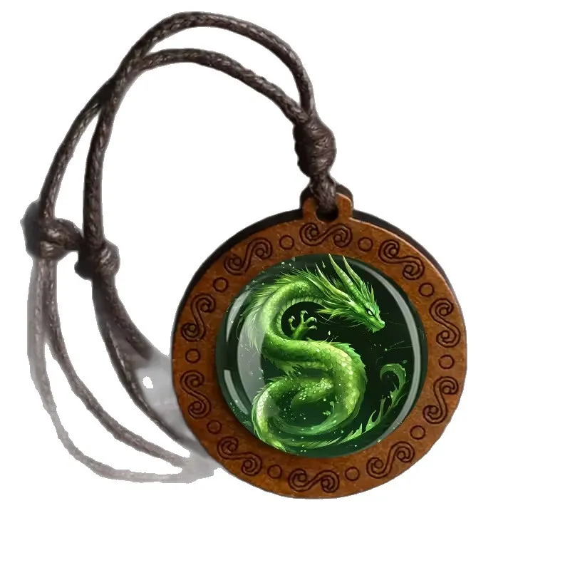 Colorful Dragon Vintage Glass Cabochon Wooden Pendant Necklace – Adjustable Cord, Mythical Dragon Jewelry for Men & Women, Unique Gift